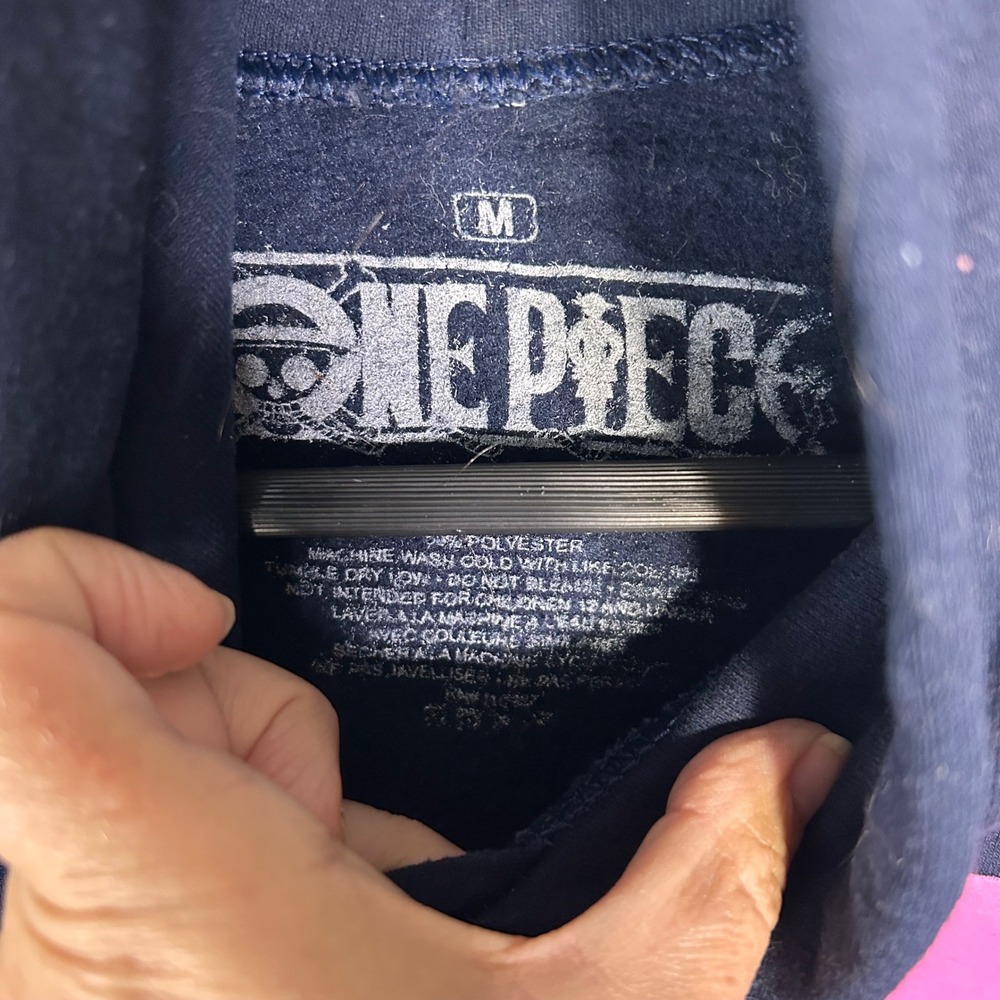 One Piece Anime Hoodie Navy Blue Pink Jolly Roger Graphic Sweatshirt Medium - Picture 2 of 5